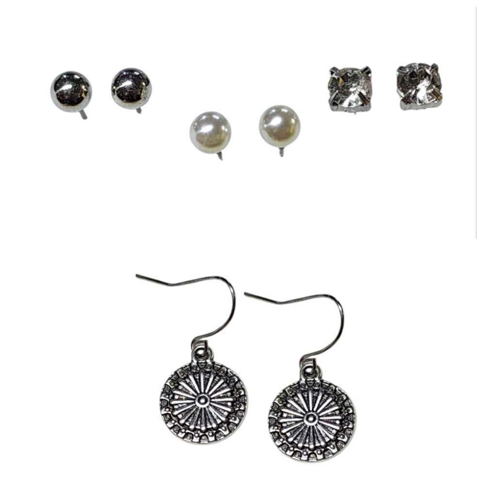 4pc Set geometric boho starburst, rhinestone & pearl stud earrings